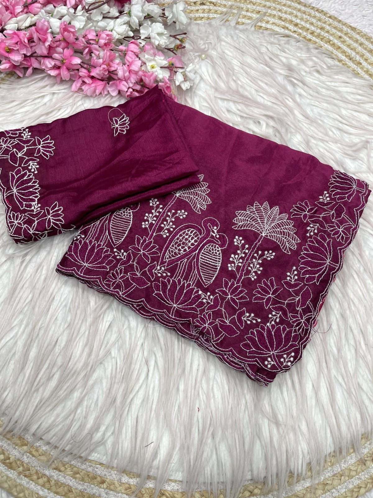 Elegant Party Wear Chinnon Saree With Embroidery
