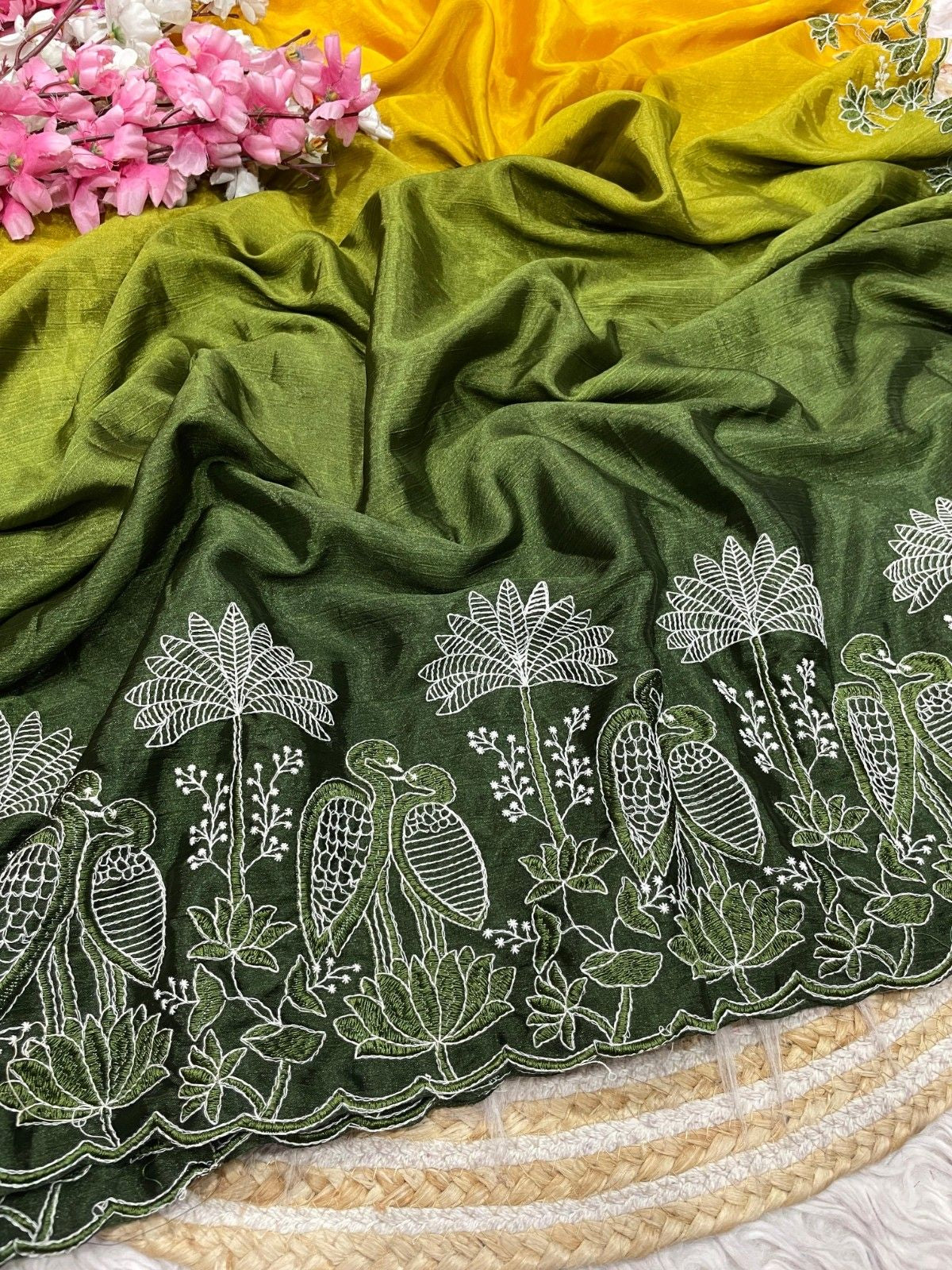 Elegant Party Wear Chinnon Saree With Embroidery