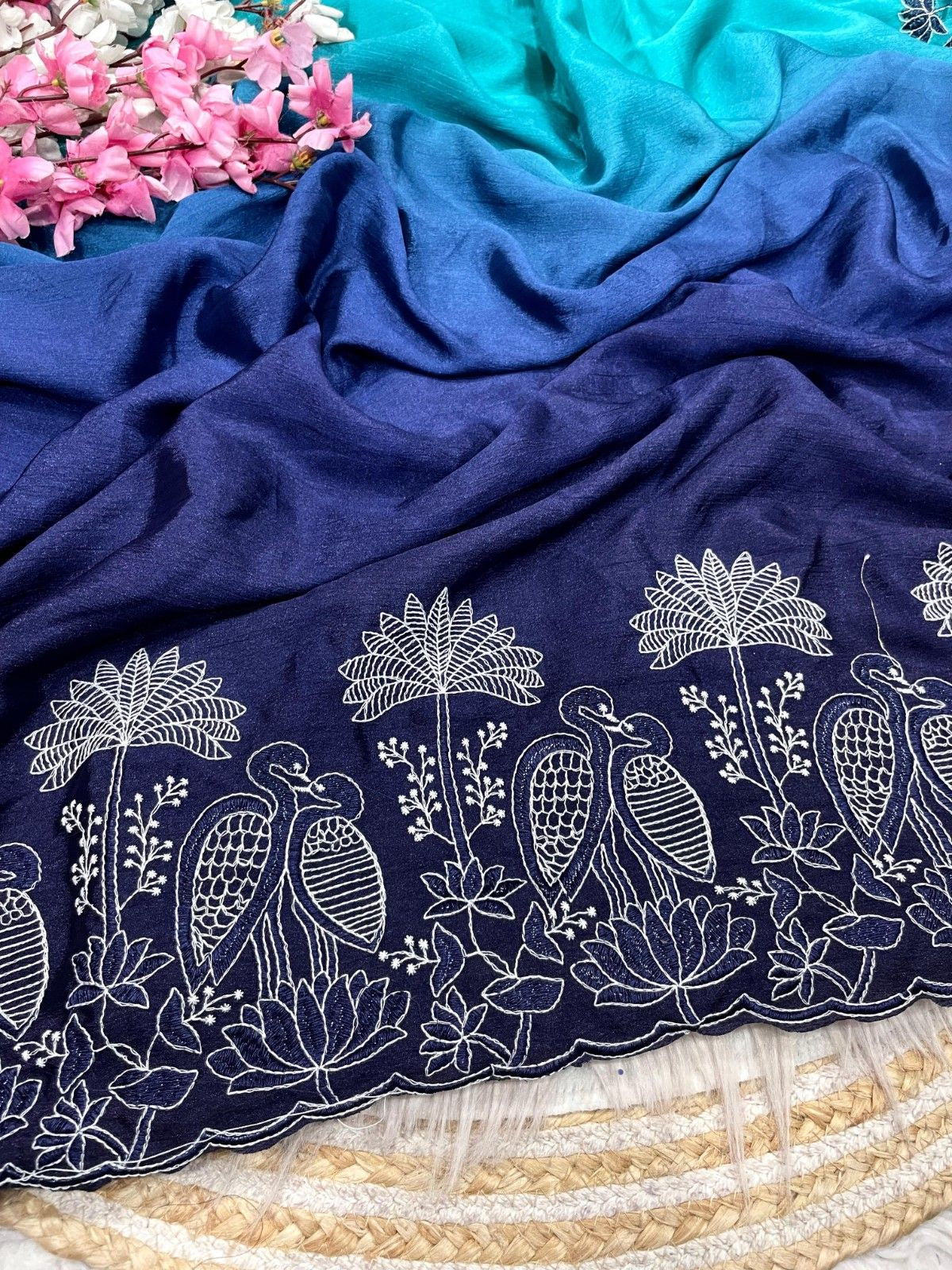 Elegant Party Wear Chinnon Saree With Embroidery