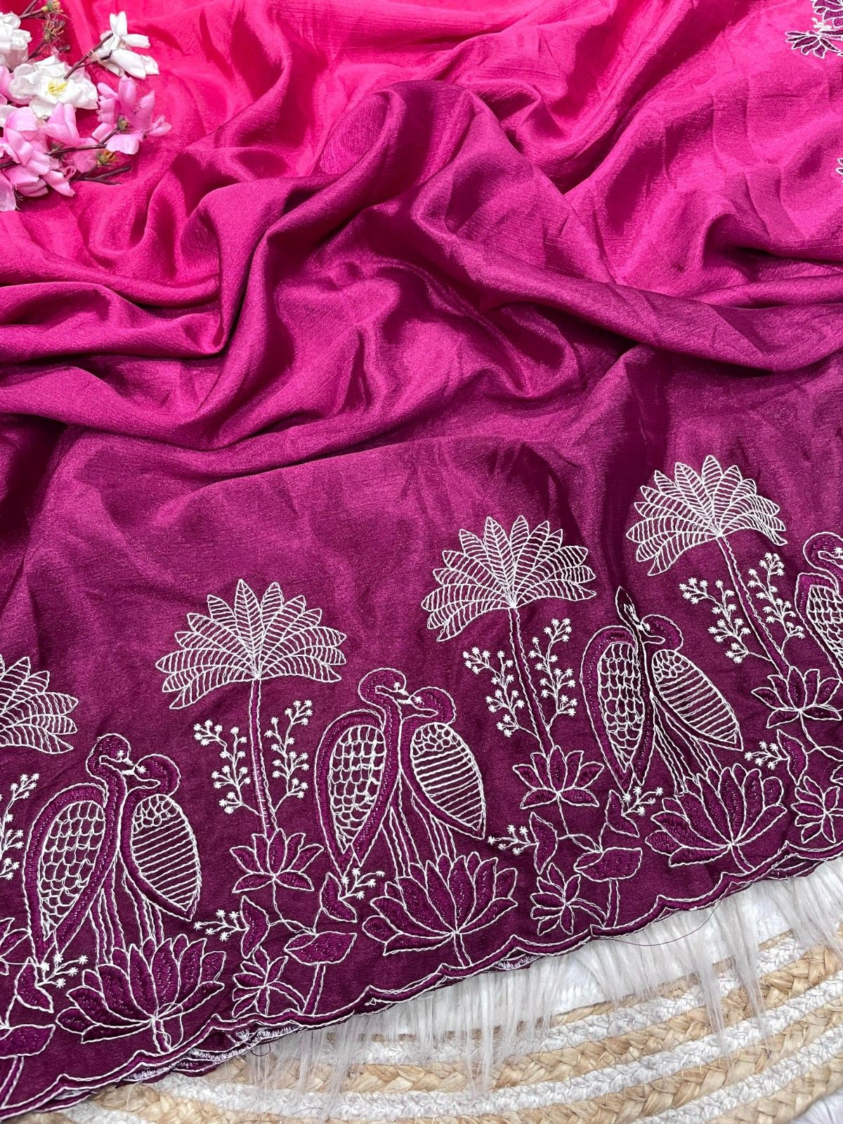 Elegant Party Wear Chinnon Saree With Embroidery