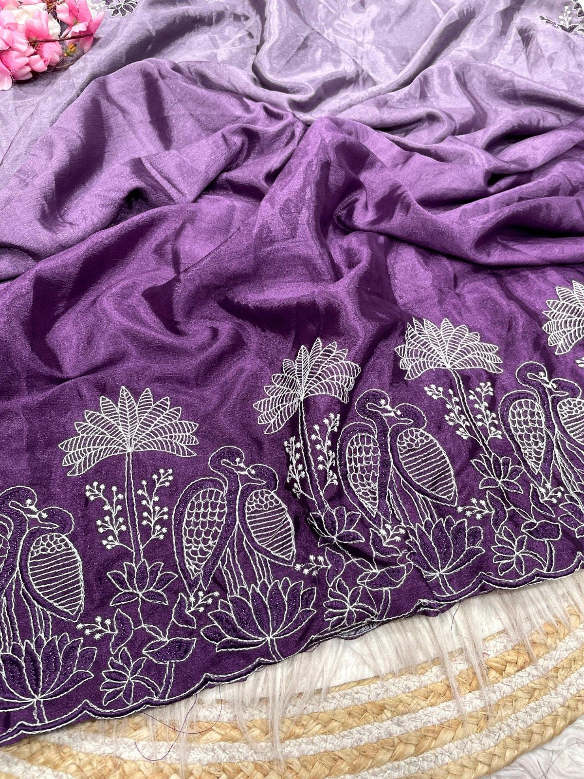 Elegant Party Wear Chinnon Saree With Embroidery
