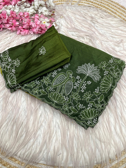 Elegant Party Wear Chinnon Saree With Embroidery