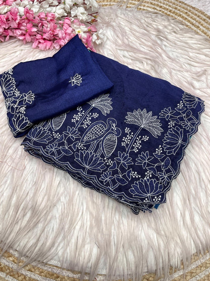 Elegant Party Wear Chinnon Saree With Embroidery