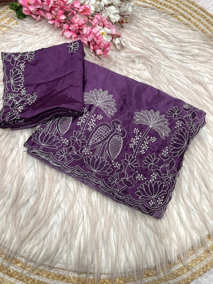 Elegant Party Wear Chinnon Saree With Embroidery