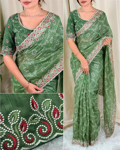 Elegant Cotton Satin Saree with Thread Embroidery & Bandhej Print