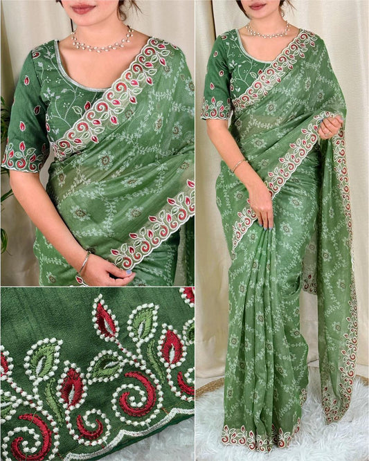 Elegant Cotton Satin Saree with Thread Embroidery & Bandhej Print