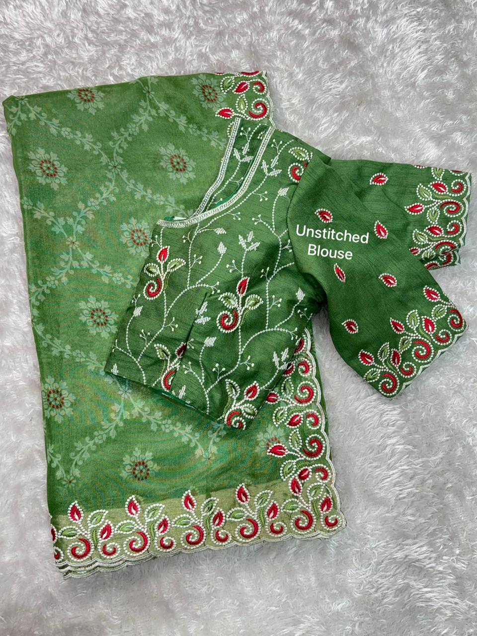 Elegant Cotton Satin Saree with Thread Embroidery & Bandhej Print