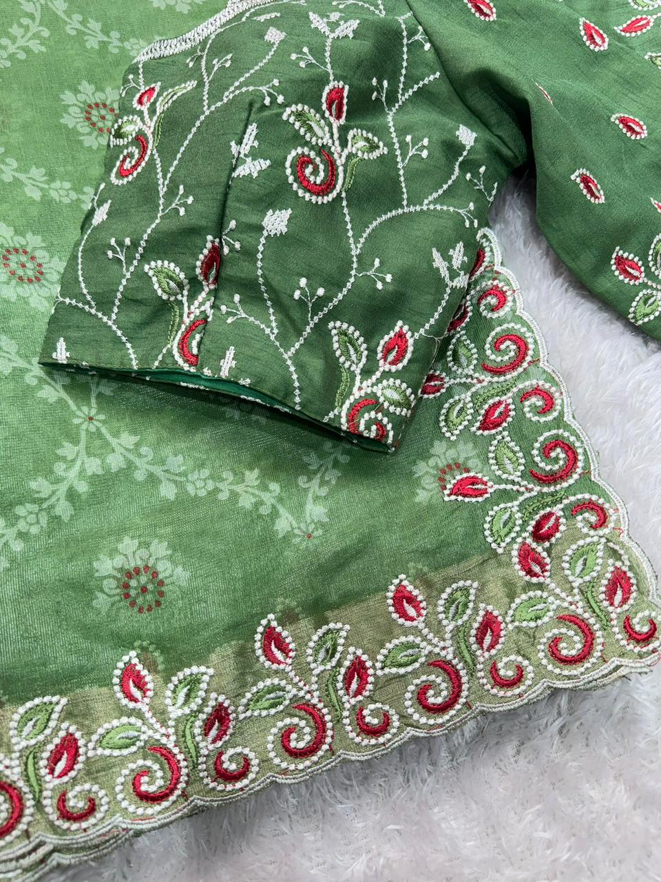 Elegant Cotton Satin Saree with Thread Embroidery & Bandhej Print