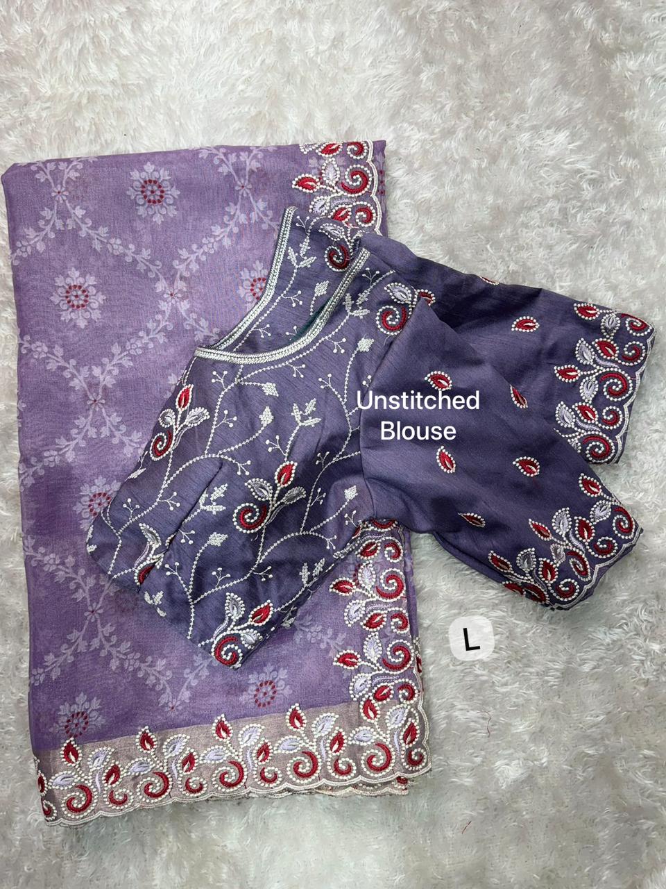 Elegant Cotton Satin Saree with Thread Embroidery & Bandhej Print