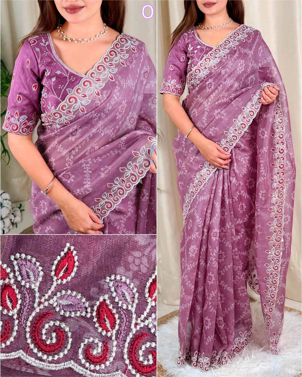 Elegant Cotton Satin Saree with Thread Embroidery & Bandhej Print