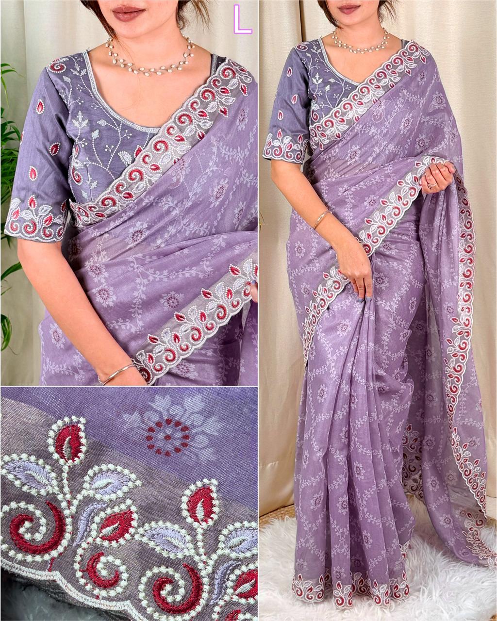 Elegant Cotton Satin Saree with Thread Embroidery & Bandhej Print