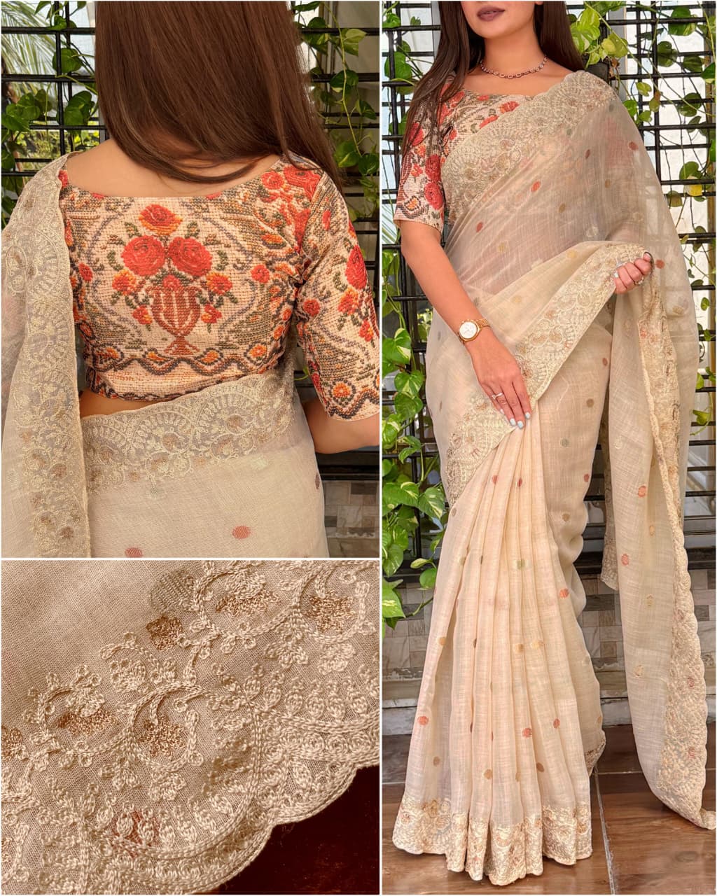 Elegant Linen Cotton Saree with Zari Weaving & Digital Print Blouse
