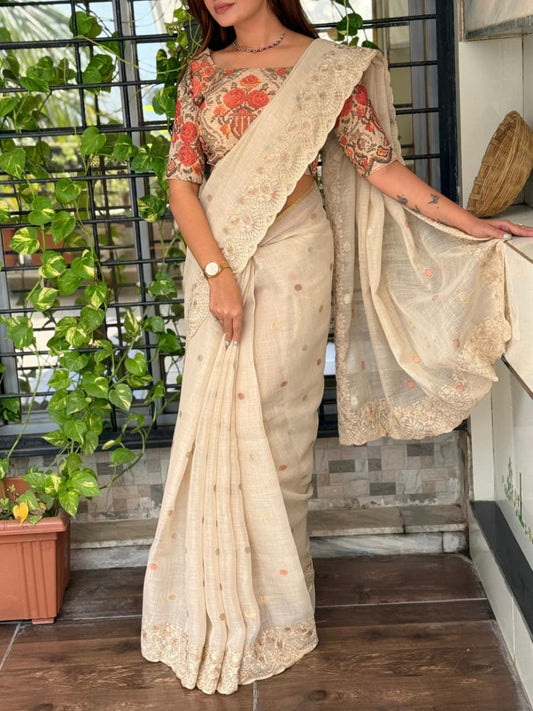 Elegant Linen Cotton Saree with Zari Weaving & Digital Print Blouse