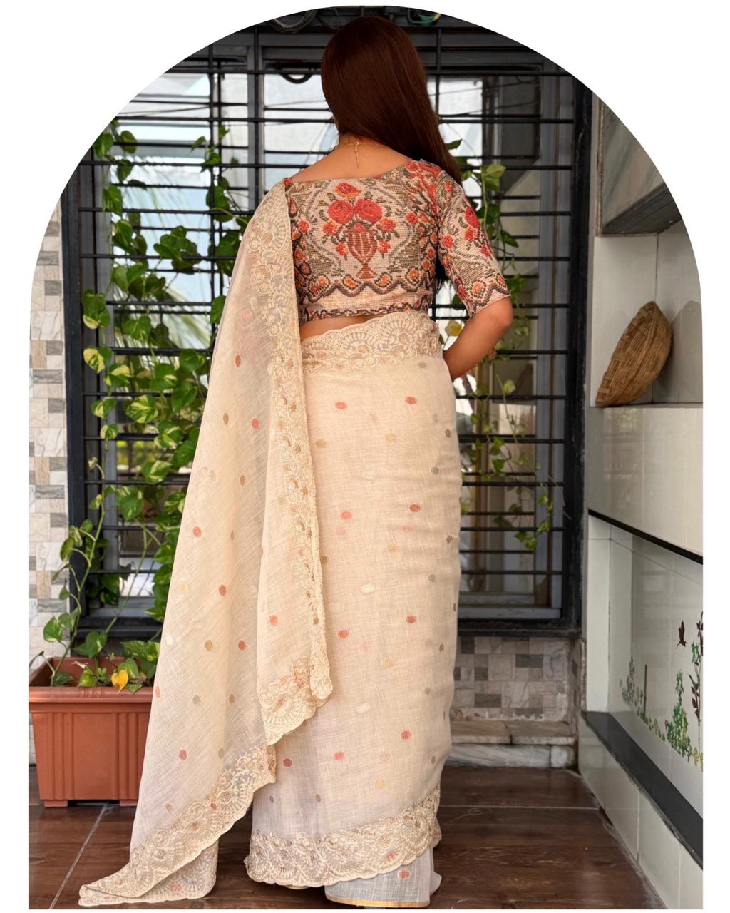 Elegant Linen Cotton Saree with Zari Weaving & Digital Print Blouse