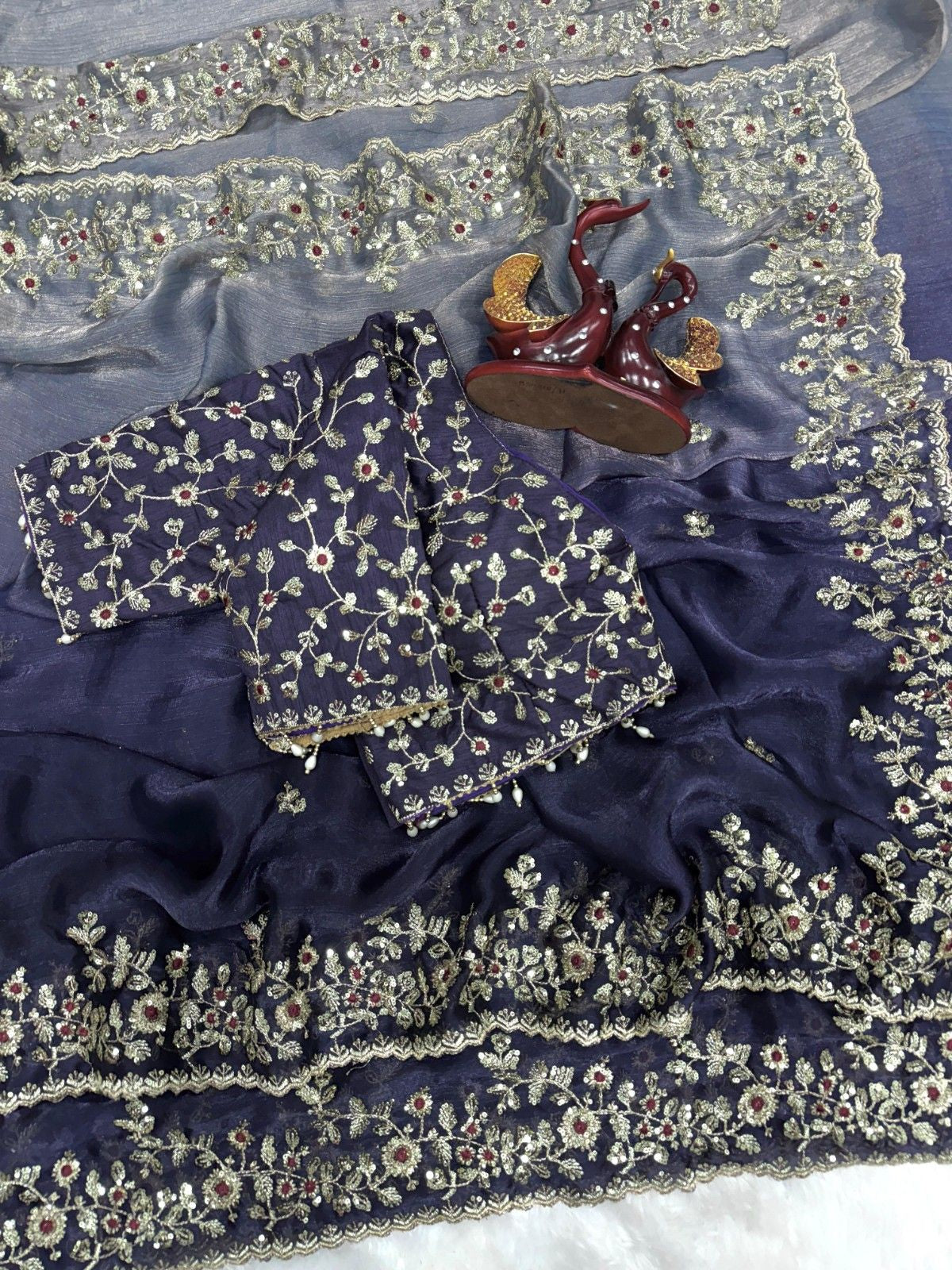 Royal Shaded Frendy Chiffon Sequins Embroidered Saree