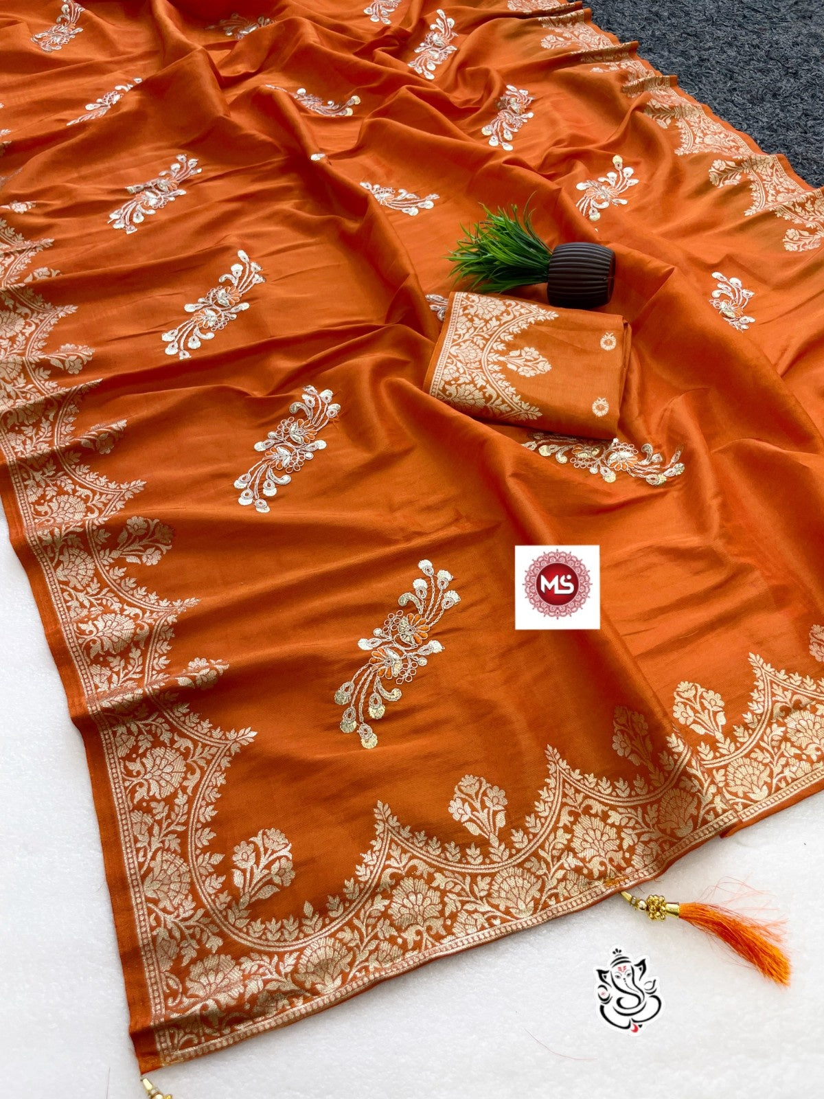Premium Shiny Viscose Silk Foil Butta Saree with Gotta Work