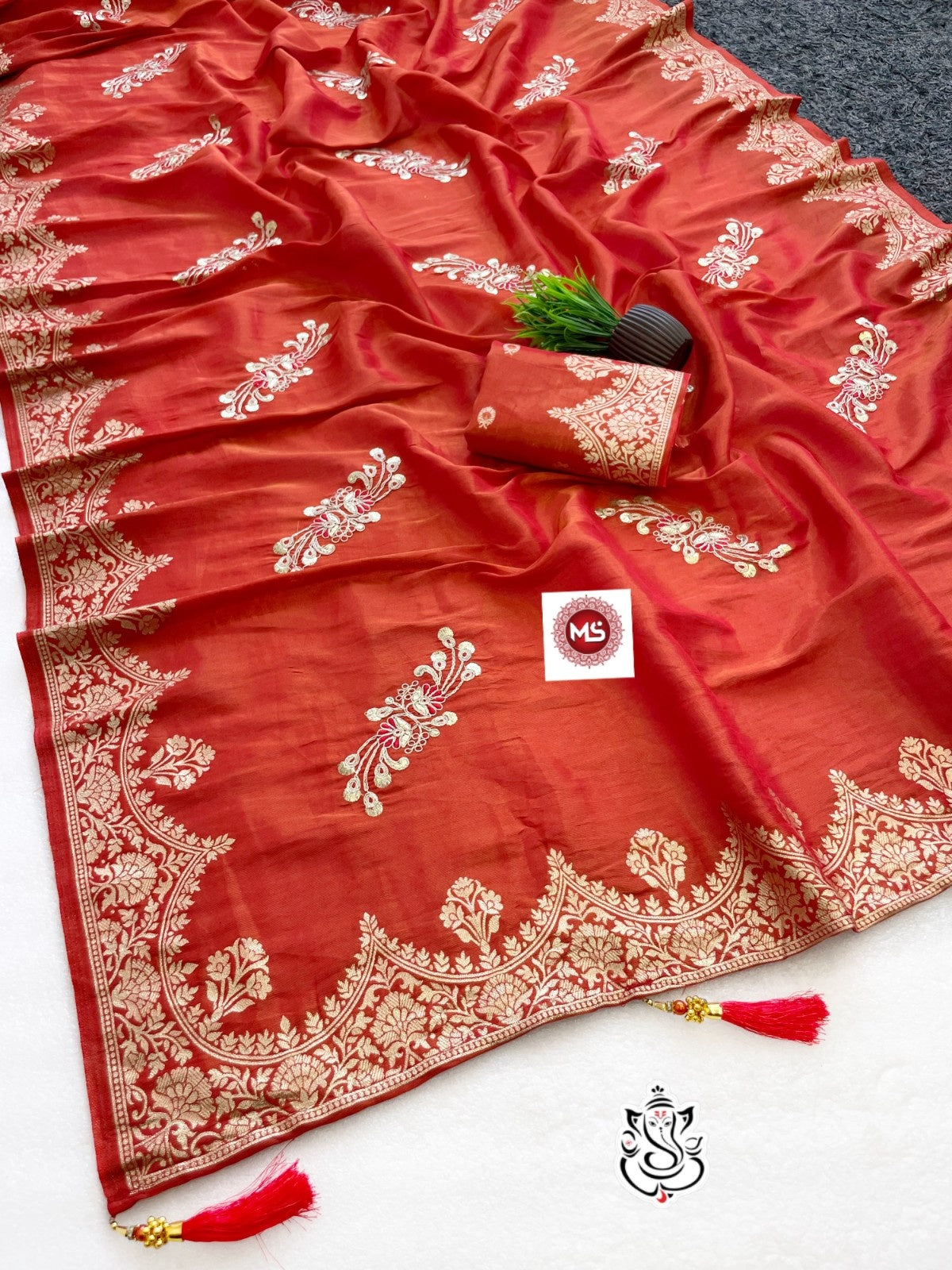 Premium Shiny Viscose Silk Foil Butta Saree with Gotta Work