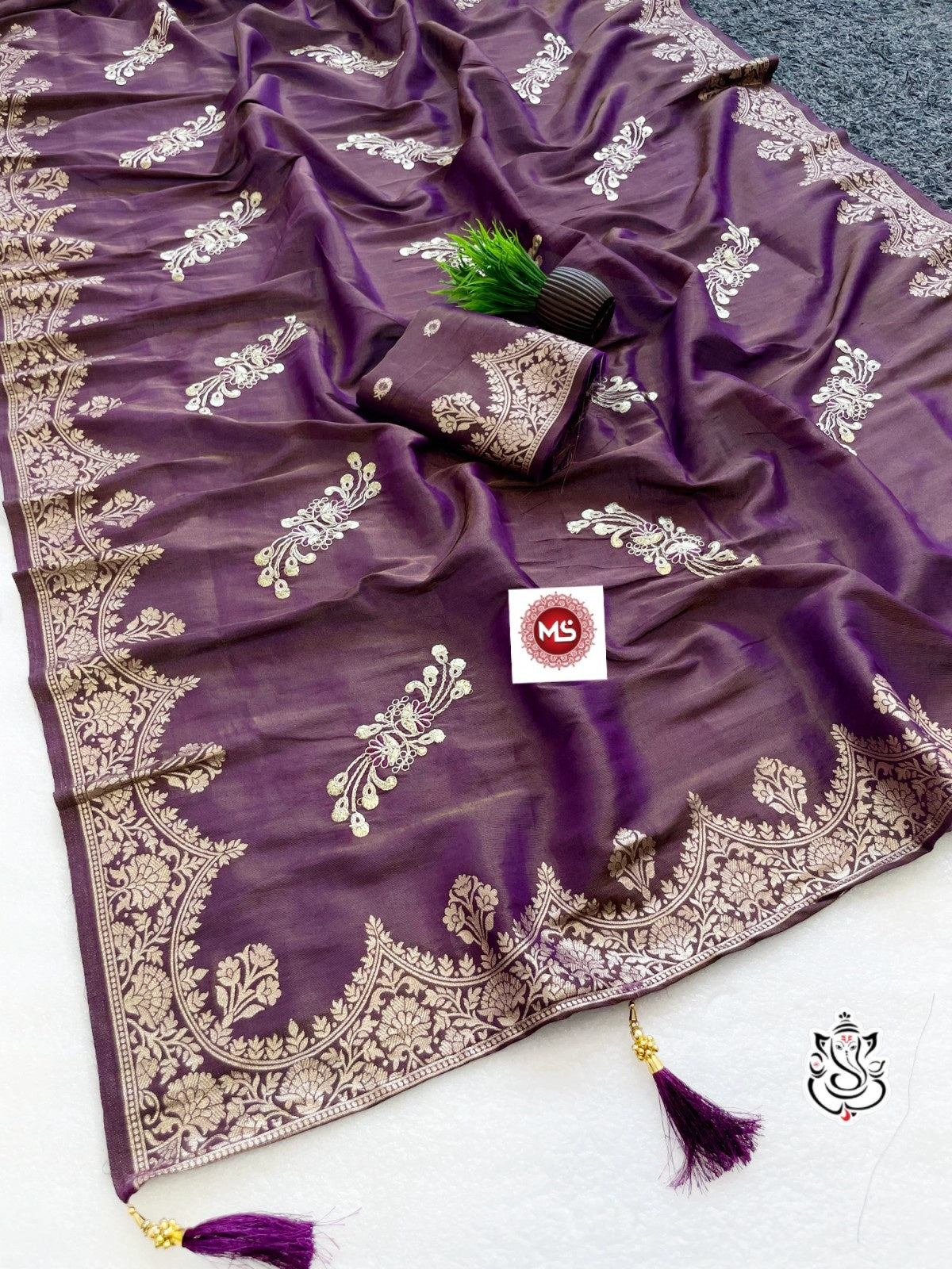 Premium Shiny Viscose Silk Foil Butta Saree with Gotta Work