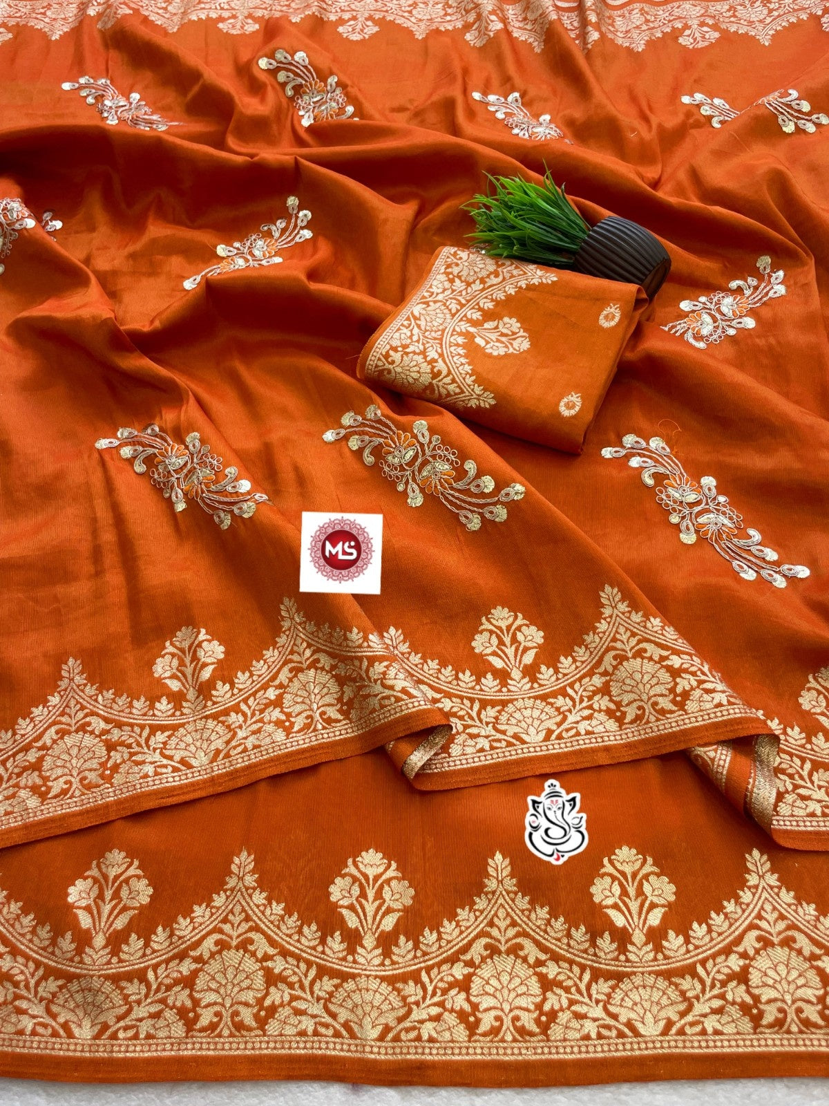 Premium Shiny Viscose Silk Foil Butta Saree with Gotta Work