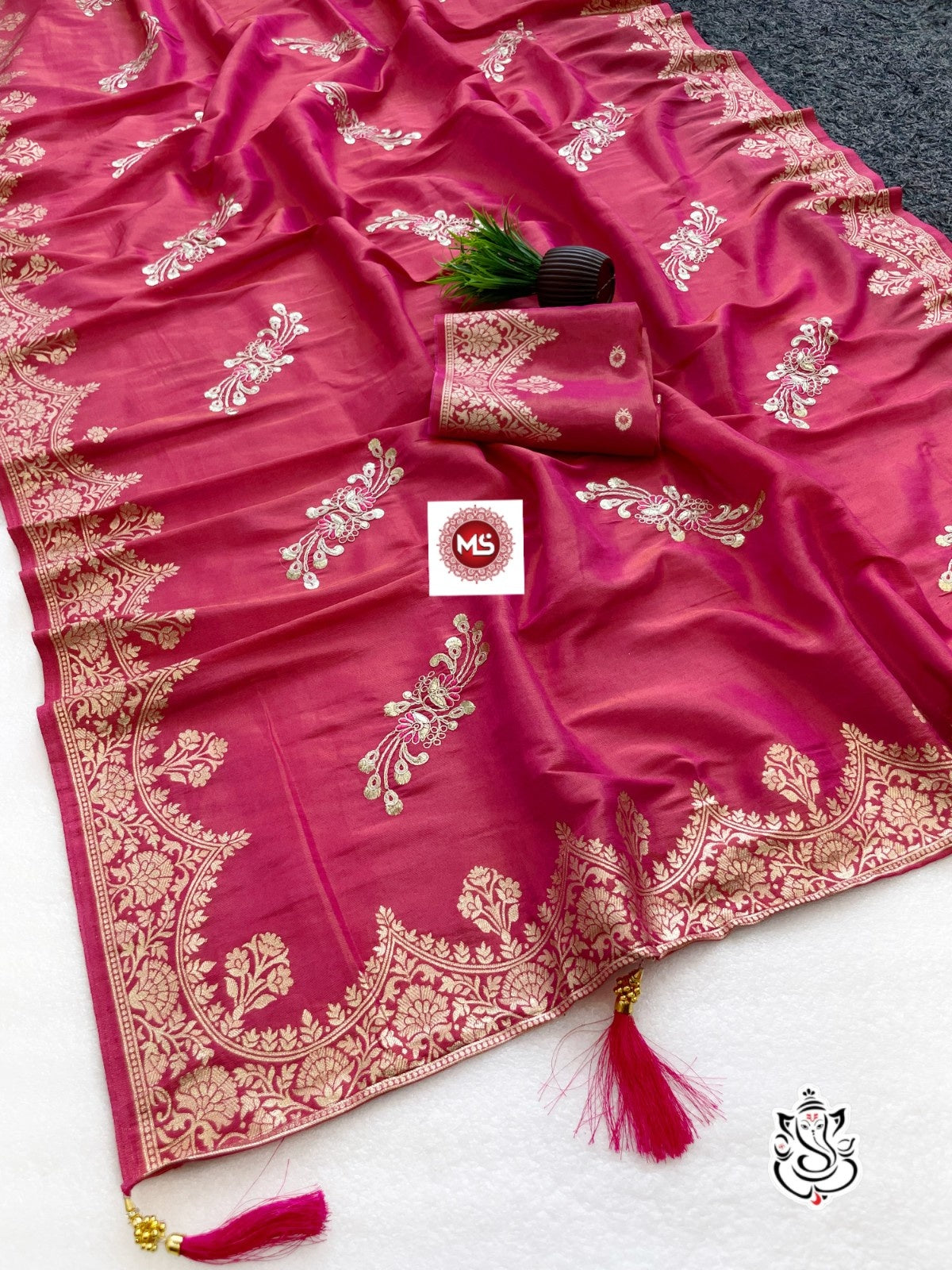 Premium Shiny Viscose Silk Foil Butta Saree with Gotta Work