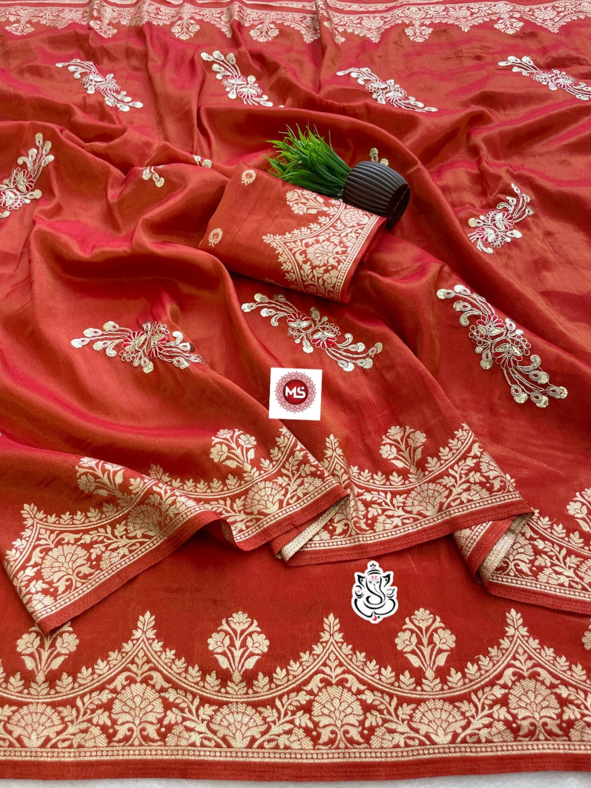 Premium Shiny Viscose Silk Foil Butta Saree with Gotta Work
