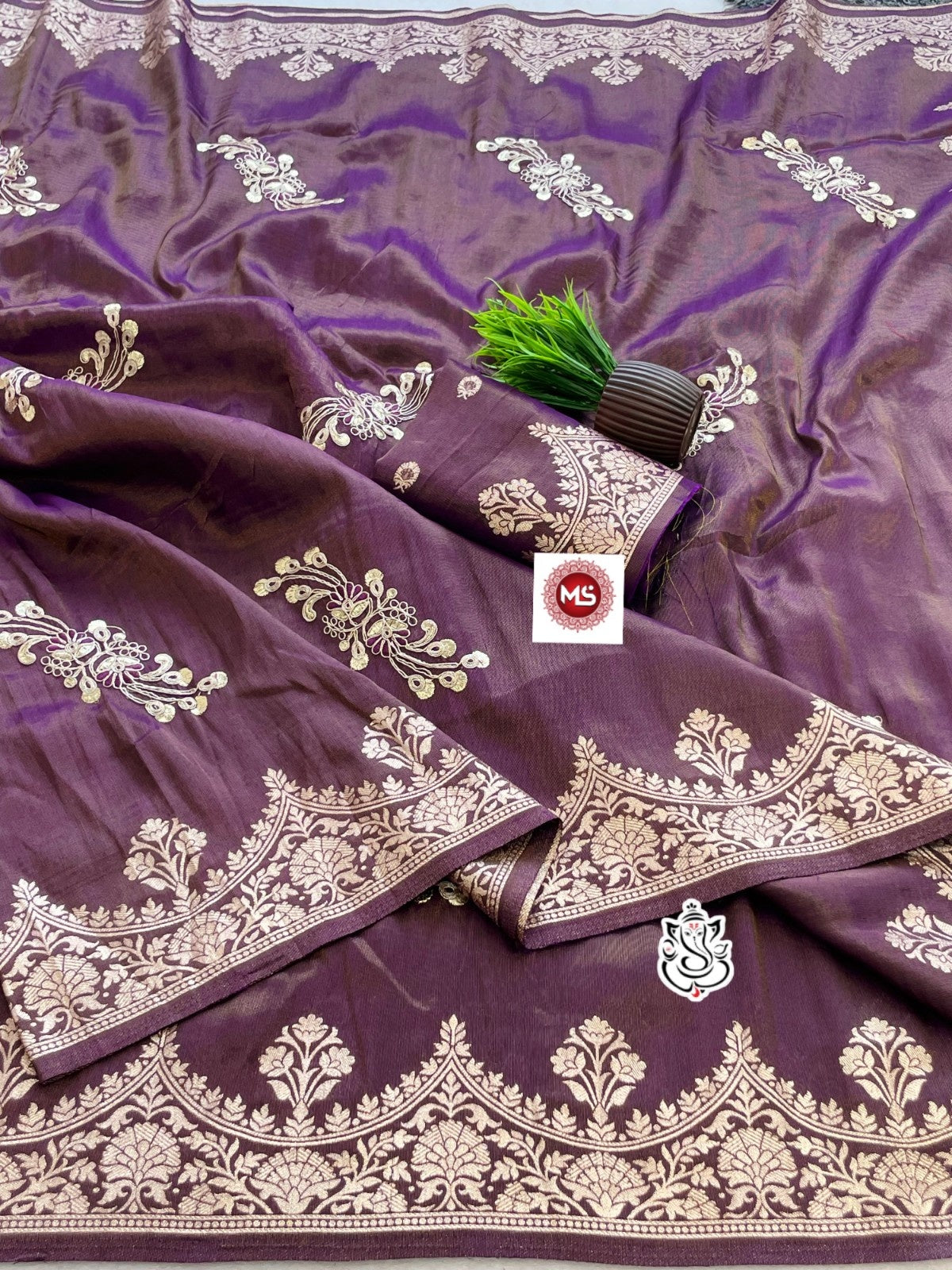 Premium Shiny Viscose Silk Foil Butta Saree with Gotta Work