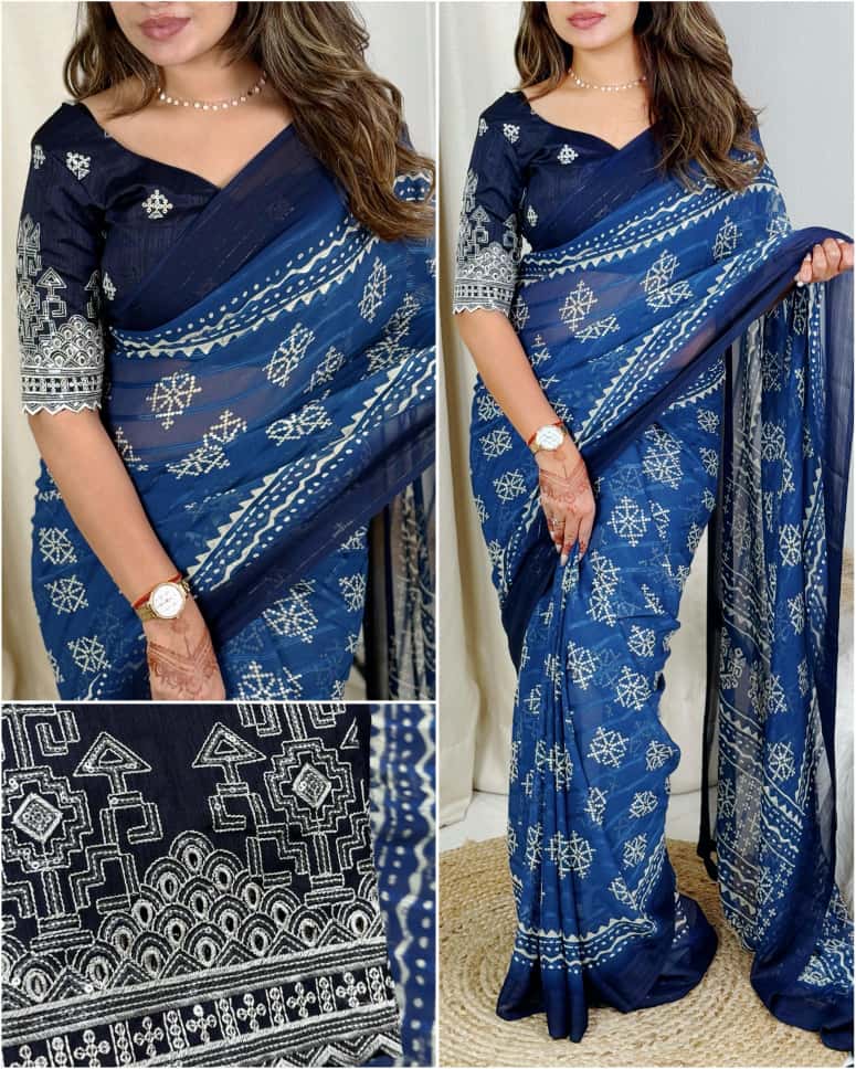 Pure Heavy Georgette Printed Saree with Zari Border and Designer Blouse