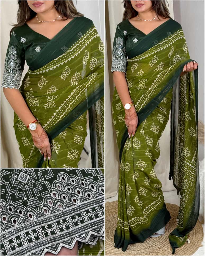 Pure Heavy Georgette Printed Saree with Zari Border and Designer Blouse