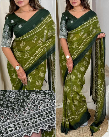 Pure Heavy Georgette Printed Saree with Zari Border and Designer Blouse