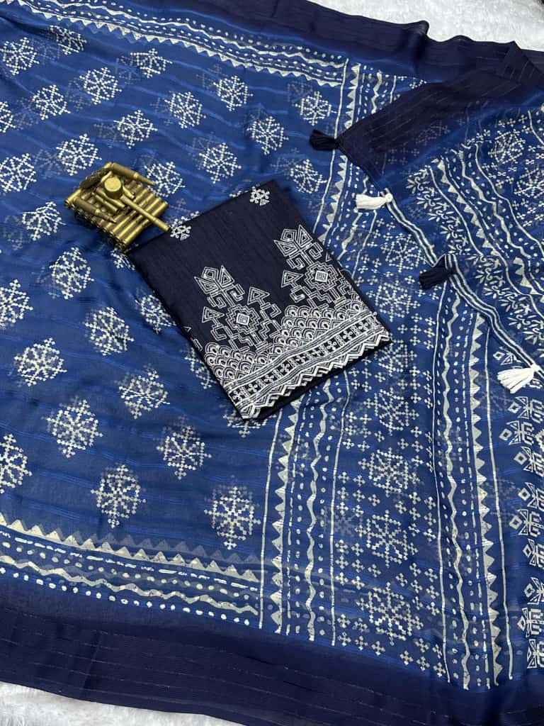 Pure Heavy Georgette Printed Saree with Zari Border and Designer Blouse