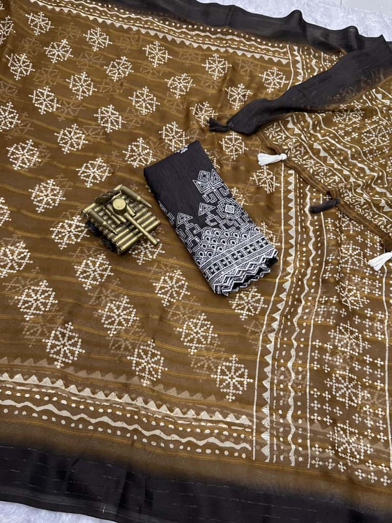 Pure Heavy Georgette Printed Saree with Zari Border and Designer Blouse
