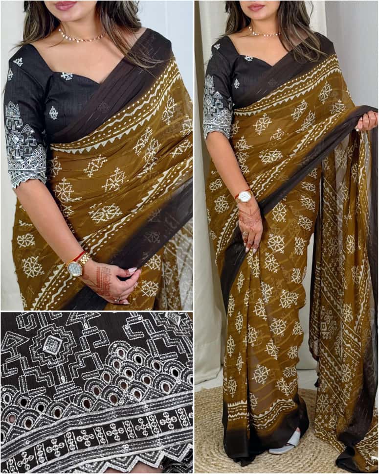 Pure Heavy Georgette Printed Saree with Zari Border and Designer Blouse