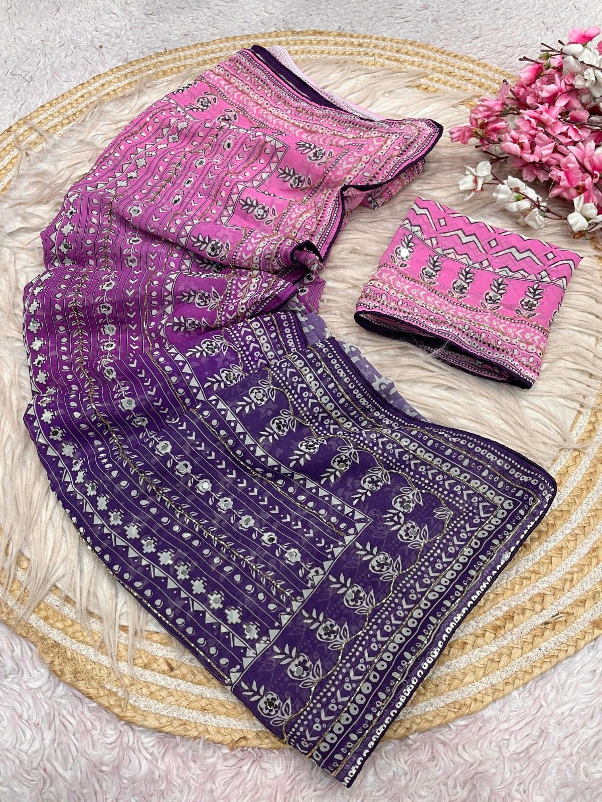 Celebrity Style Designer Georgette Saree with Mirror Work