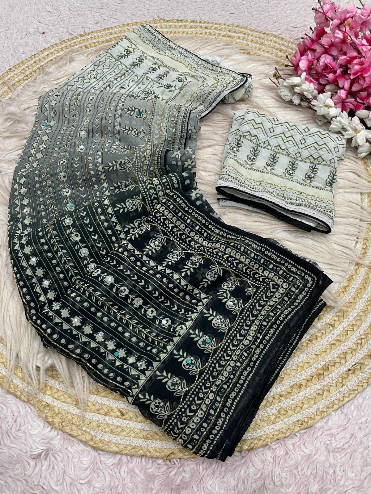 Celebrity Style Designer Georgette Saree with Mirror Work