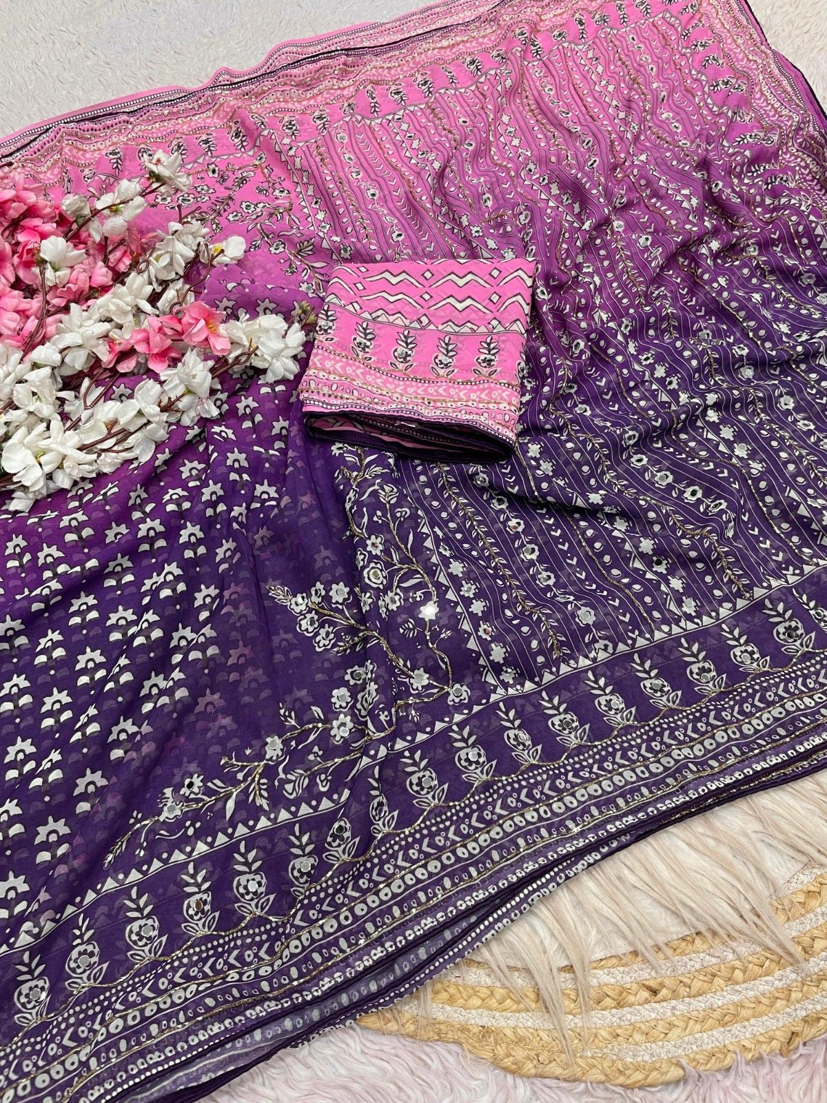 Celebrity Style Designer Georgette Saree with Mirror Work