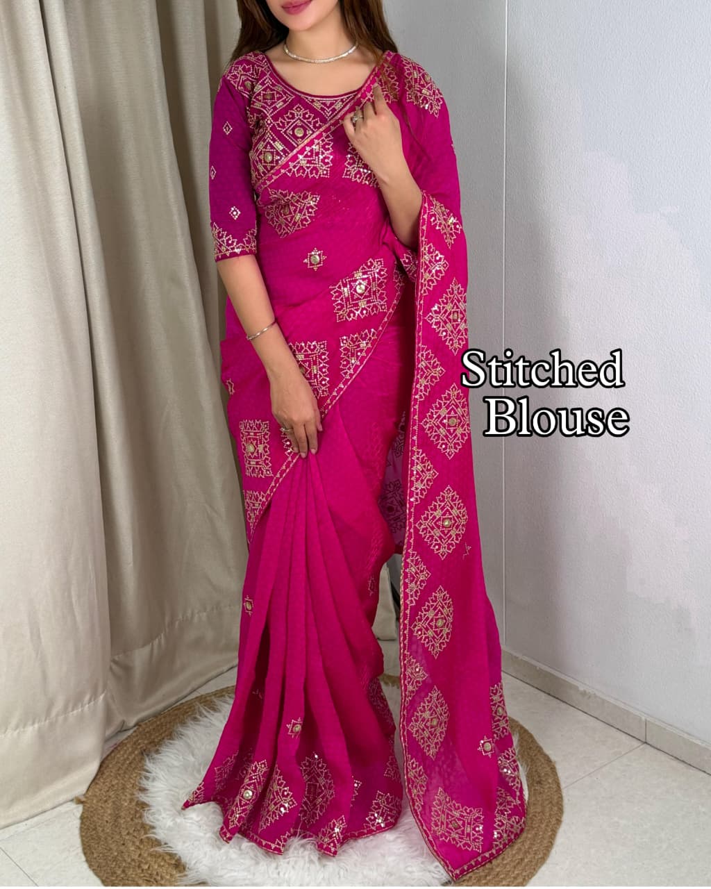 Graceful Self Jacquard Fandy Satin Saree with Ready-to-Wear Embroidered Blouse