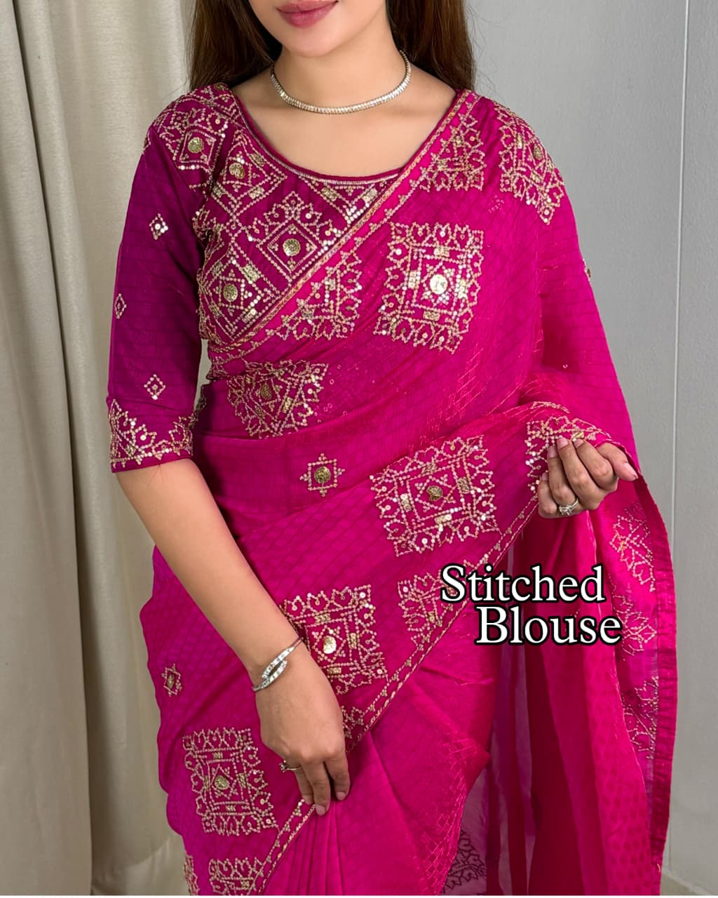 Graceful Self Jacquard Fandy Satin Saree with Ready-to-Wear Embroidered Blouse