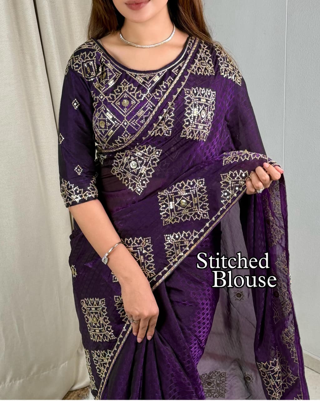 Graceful Self Jacquard Fandy Satin Saree with Ready-to-Wear Embroidered Blouse