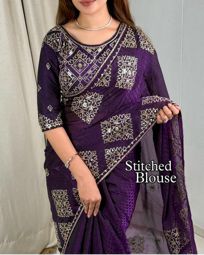 Graceful Self Jacquard Fandy Satin Saree with Ready-to-Wear Embroidered Blouse