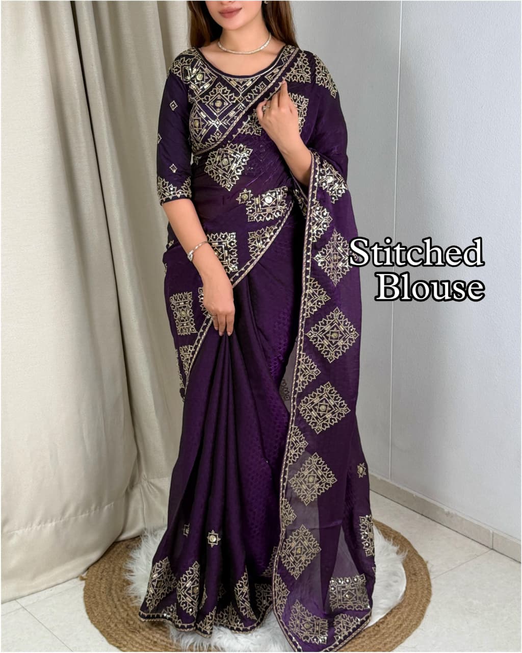 Graceful Self Jacquard Fandy Satin Saree with Ready-to-Wear Embroidered Blouse