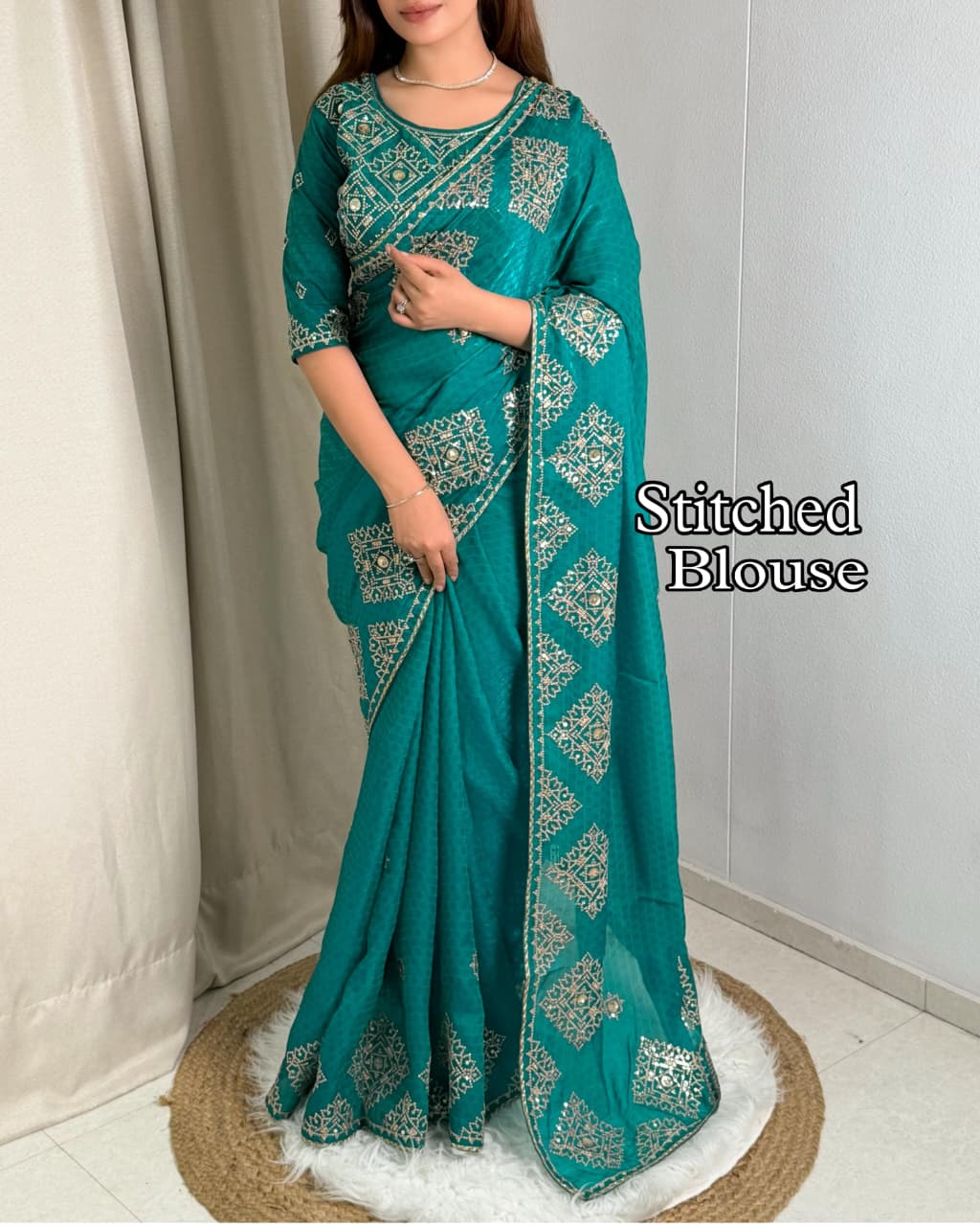 Graceful Self Jacquard Fandy Satin Saree with Ready-to-Wear Embroidered Blouse