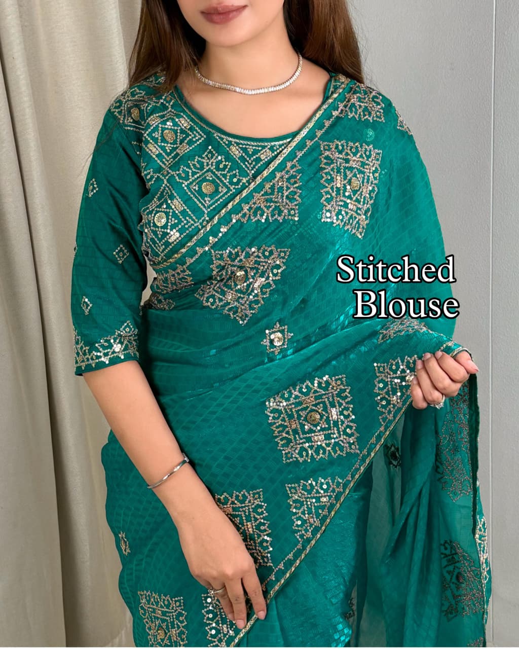 Graceful Self Jacquard Fandy Satin Saree with Ready-to-Wear Embroidered Blouse