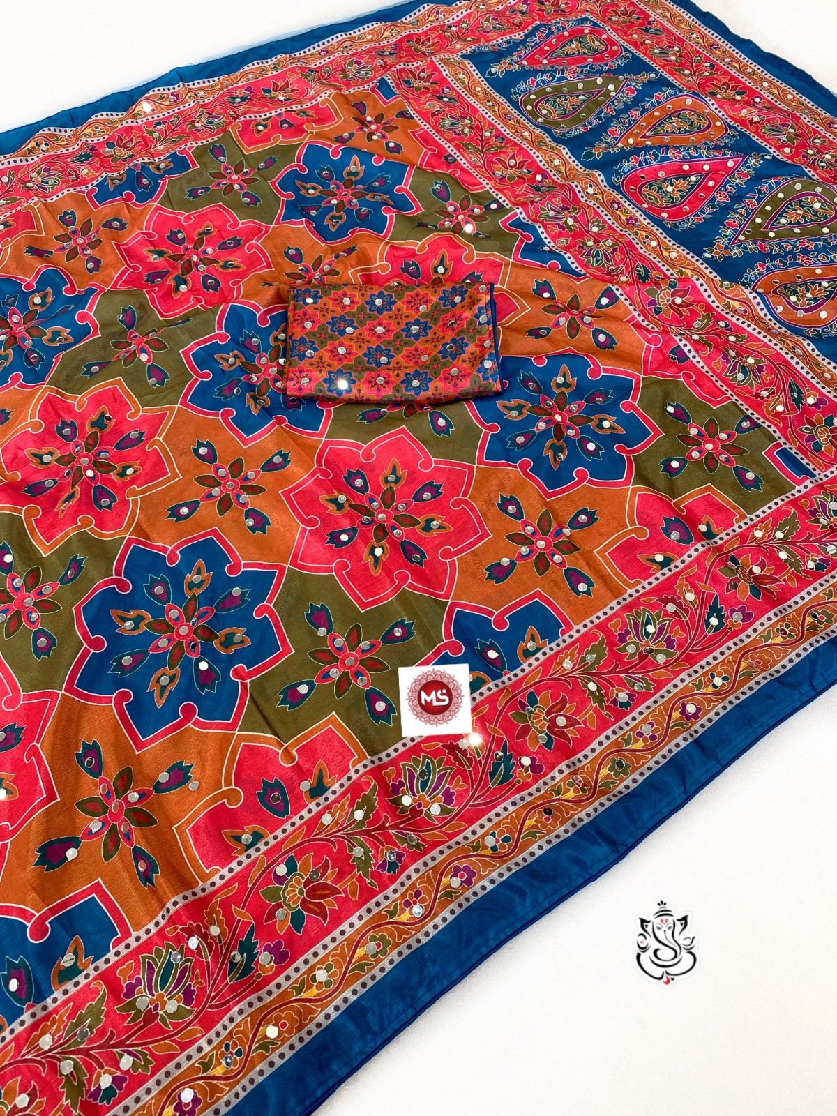 New Soft Chinon Silk Saree with Designer Mirror Handwork