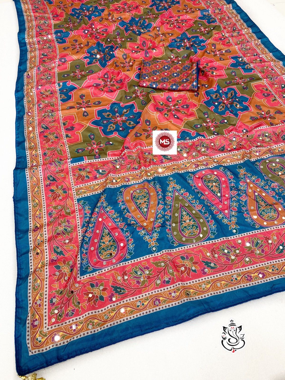 New Soft Chinon Silk Saree with Designer Mirror Handwork