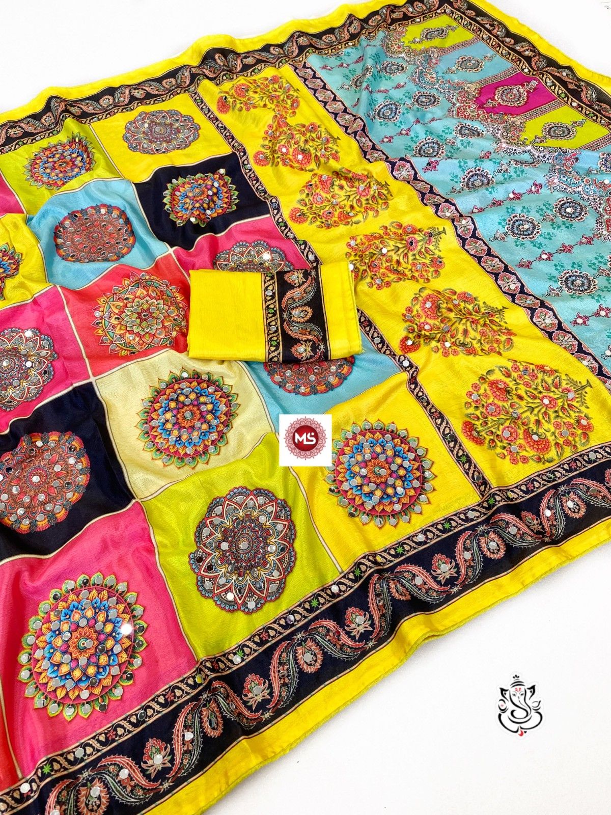 New Soft Chinon Silk Saree with Designer Mirror Handwork