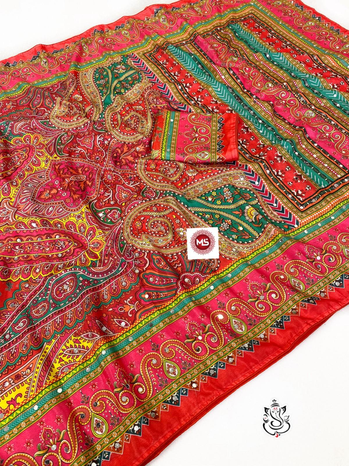 New Soft Chinon Silk Saree with Designer Mirror Handwork