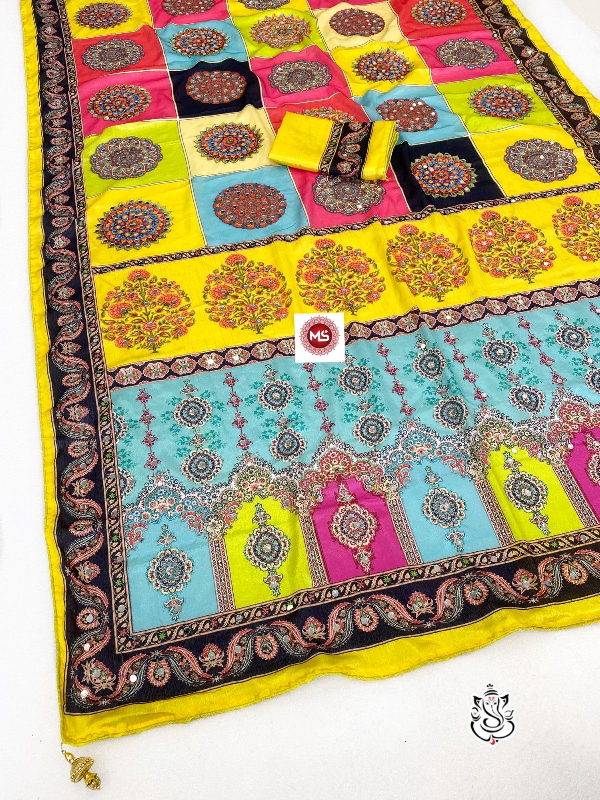 New Soft Chinon Silk Saree with Designer Mirror Handwork