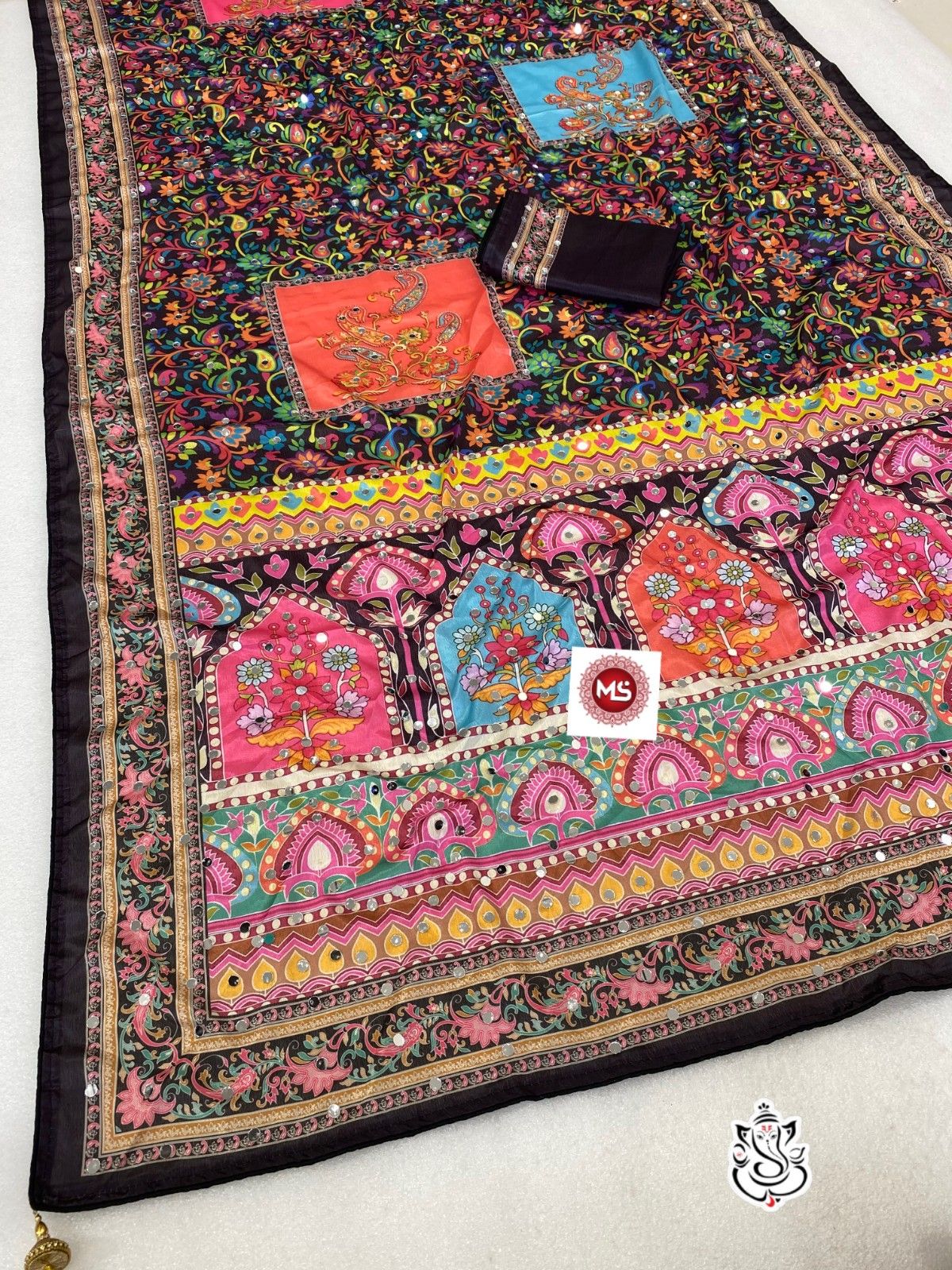 New Soft Chinon Silk Saree with Designer Mirror Handwork
