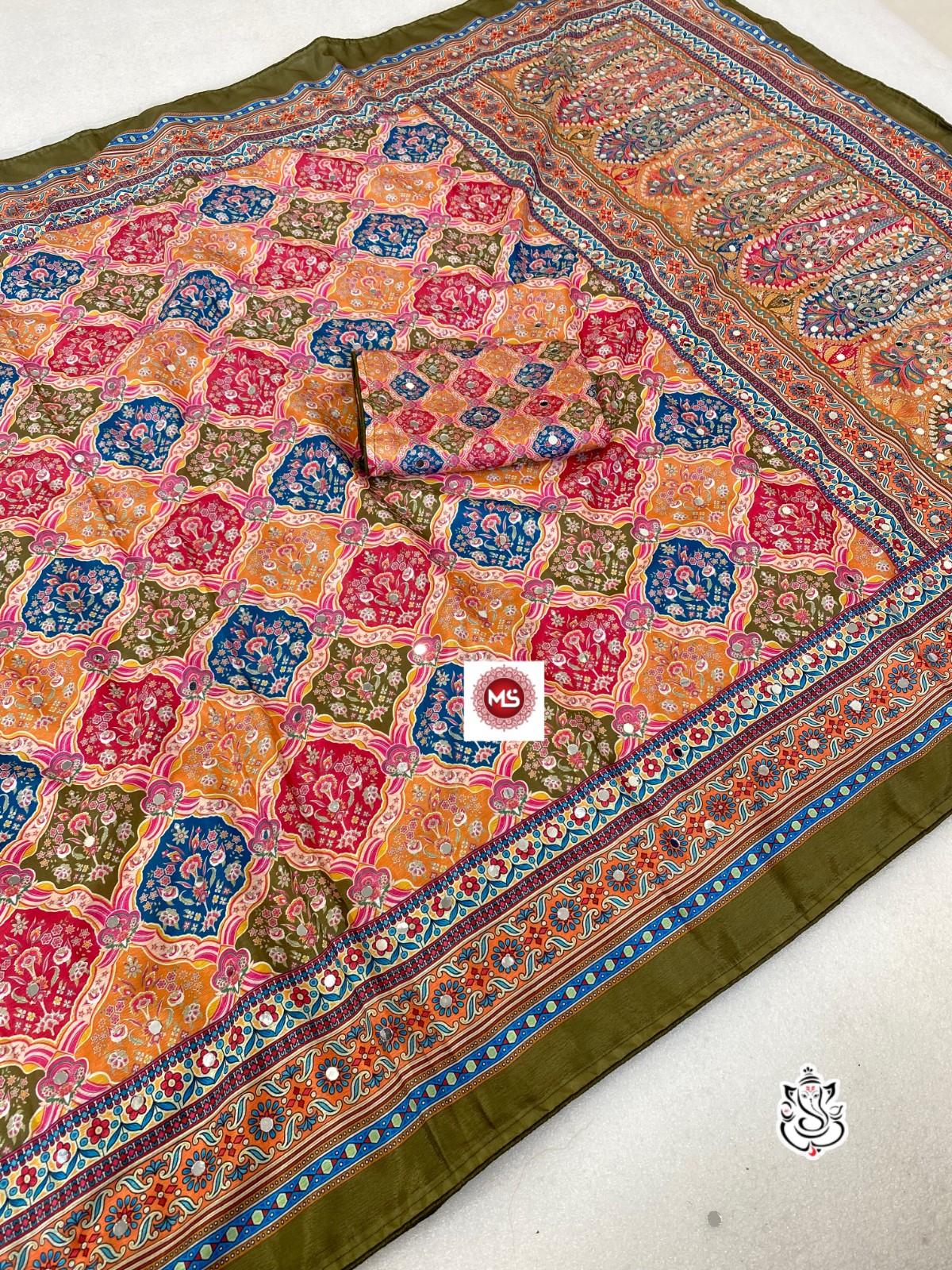 New Soft Chinon Silk Saree with Designer Mirror Handwork