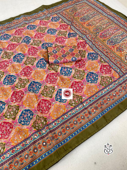 New Soft Chinon Silk Saree with Designer Mirror Handwork
